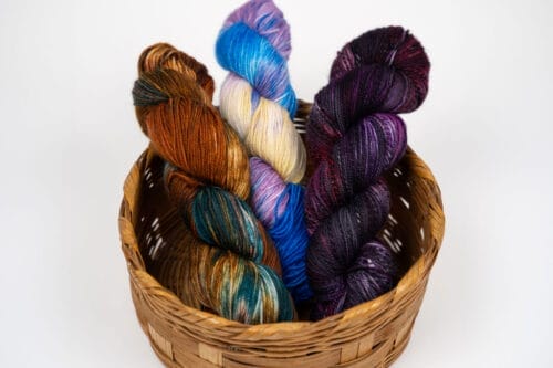 Basket of hand dyed yarn